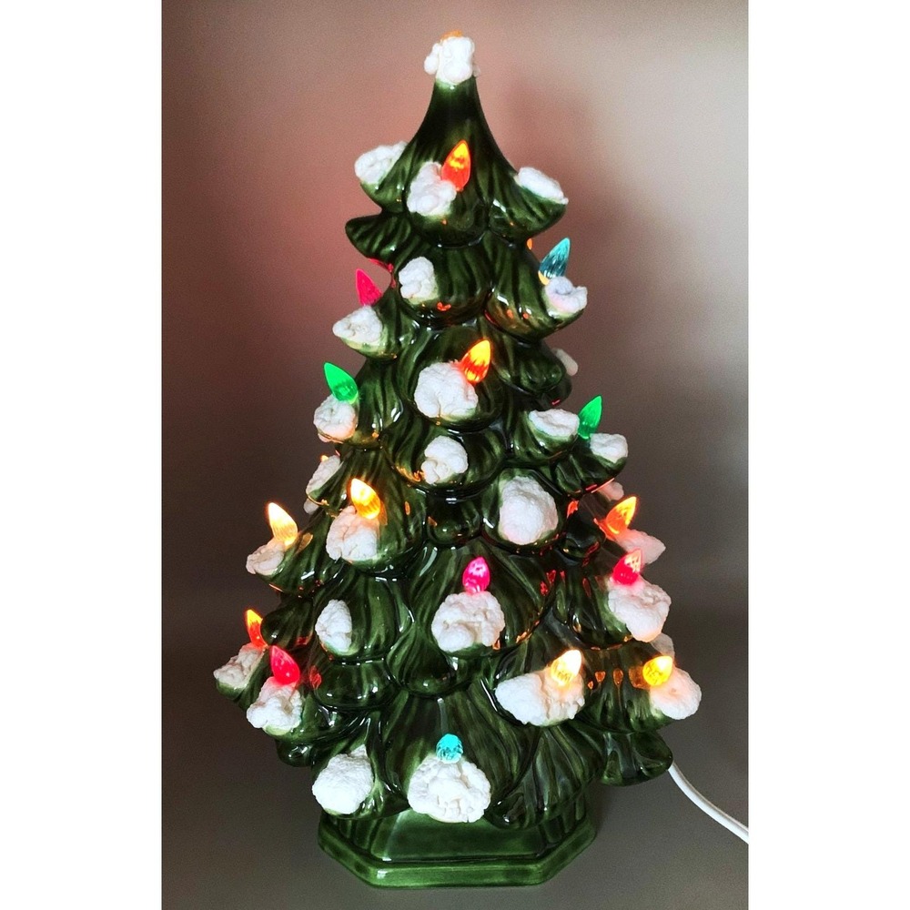 Ceramic Christmas - Tree Lights Snowy Tips Atlantic Mold 12" w Base Vintage 1977